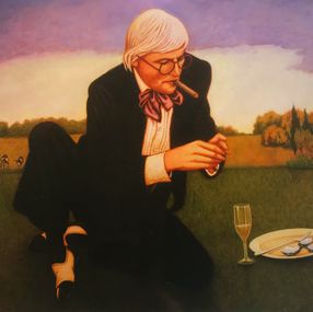 Painting, David Hockney enjoying Oysters, Champagne and a Cigar at Glyndbourne Opera House lawn, Bob Marchant