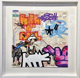 Painting, Lucky Luke on Keith's Dog (plan du métro de Paris), Fat